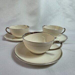 THREE Pickard Crescent Cup & Saucer Sets Ivory with Platinum Band on Edge